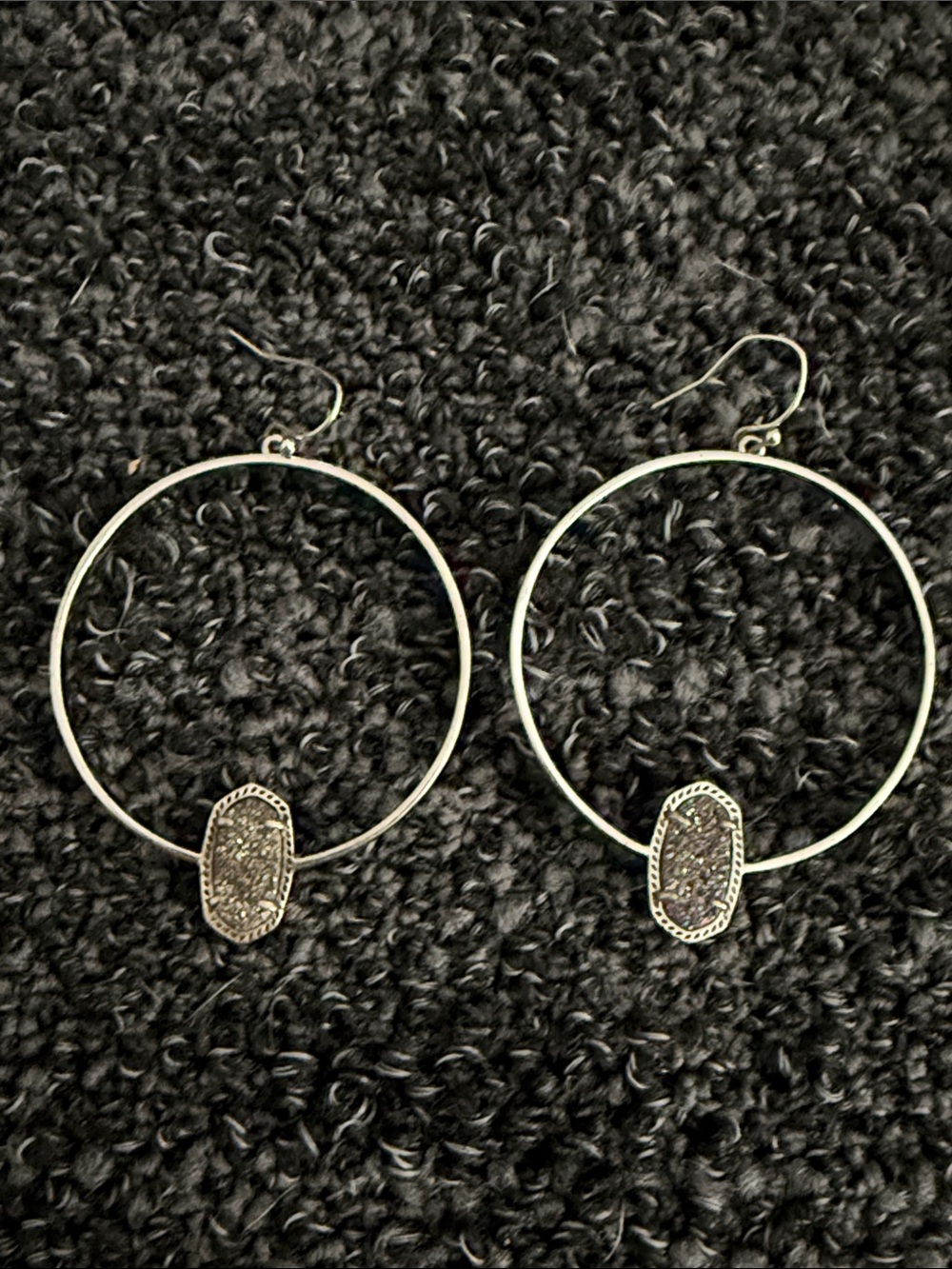 Kendra Scott Silver Hoop Earrings with Dark Druzy Oval